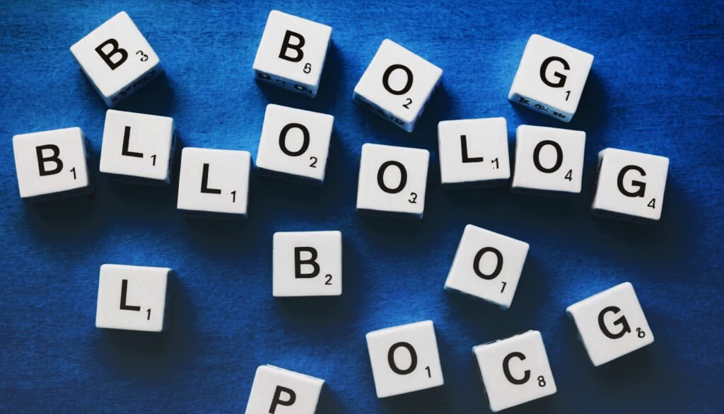 Scrabble tiles spelling'BLOG' scattered randomly on a blue background