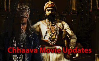 Two characters from the movie "Chhaava" dressed in historical attire, one looking intense in the foreground and the other seated regally on a throne in the background