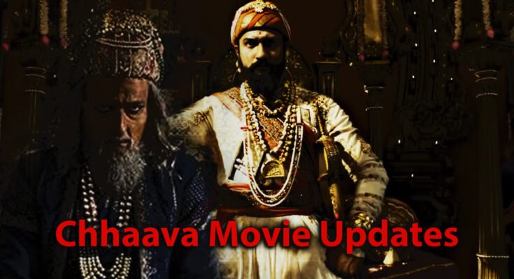 Two characters from the movie "Chhaava" dressed in historical attire, one looking intense in the foreground and the other seated regally on a throne in the background