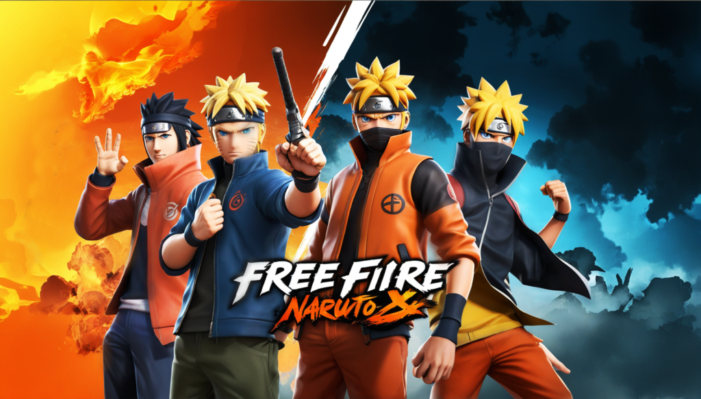 Naruto and Sasuke characters in Free Fire-inspired outfits, set against a fiery and smoky backdrop symbolizing the collaboration between Naruto and Free Fire