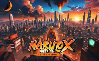 Naruto Uzumaki standing on a rooftop overlooking a futuristic city engulfed in flames, with "Naruto X Free Fire Collaboration" prominently displayed in the foreground