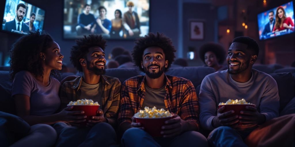 People enjoying movies at home with popcorn.